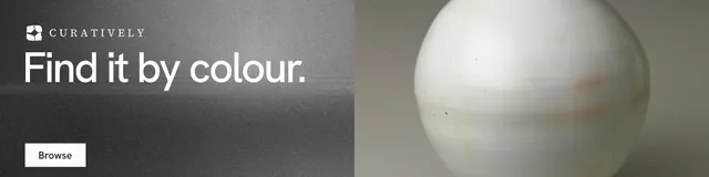 LinkedIn banner for Curatively: "Find it by colour." Swiss style, bottom layout, light palette in grey, black, white.