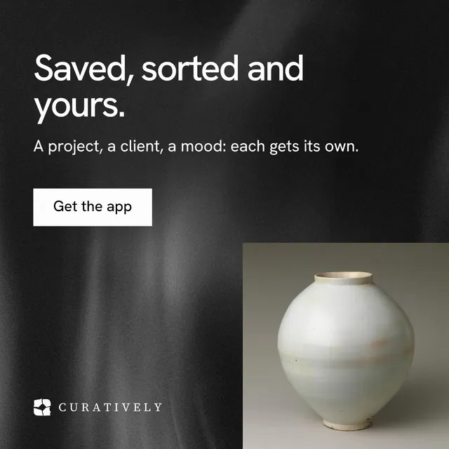 Instagram post for Curatively: "Saved, sorted and yours." Swiss style, skeleton layout, dark palette in grey, black.