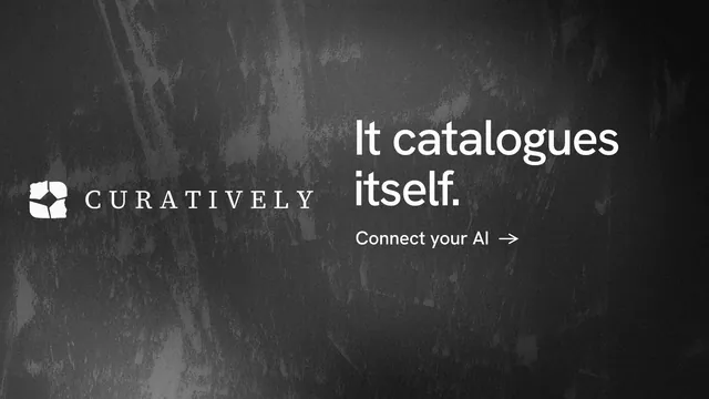 Landscape graphic for Curatively: "It catalogues itself." Minimal luxury style, logo hero layout, dark palette in black, grey.