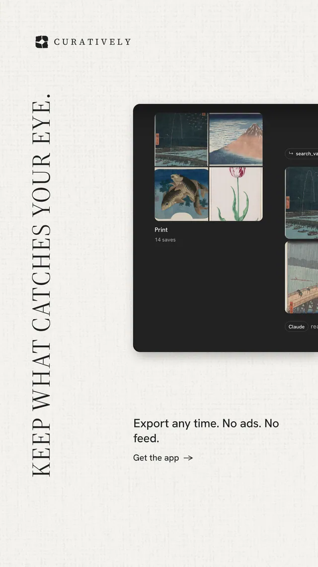 Instagram story for Curatively: "Keep what catches your eye." Minimal luxury style, vertical layout, light palette in white, black, grey.