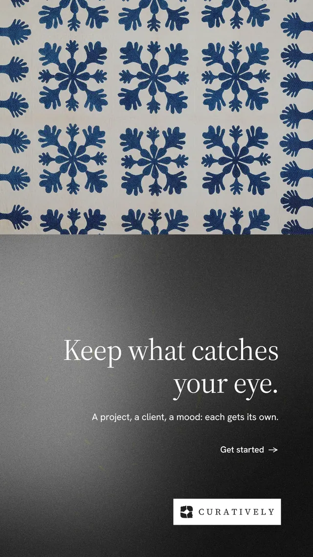 Instagram story for Curatively: "Keep what catches your eye." Minimal luxury style, right layout, dark palette in grey, black.
