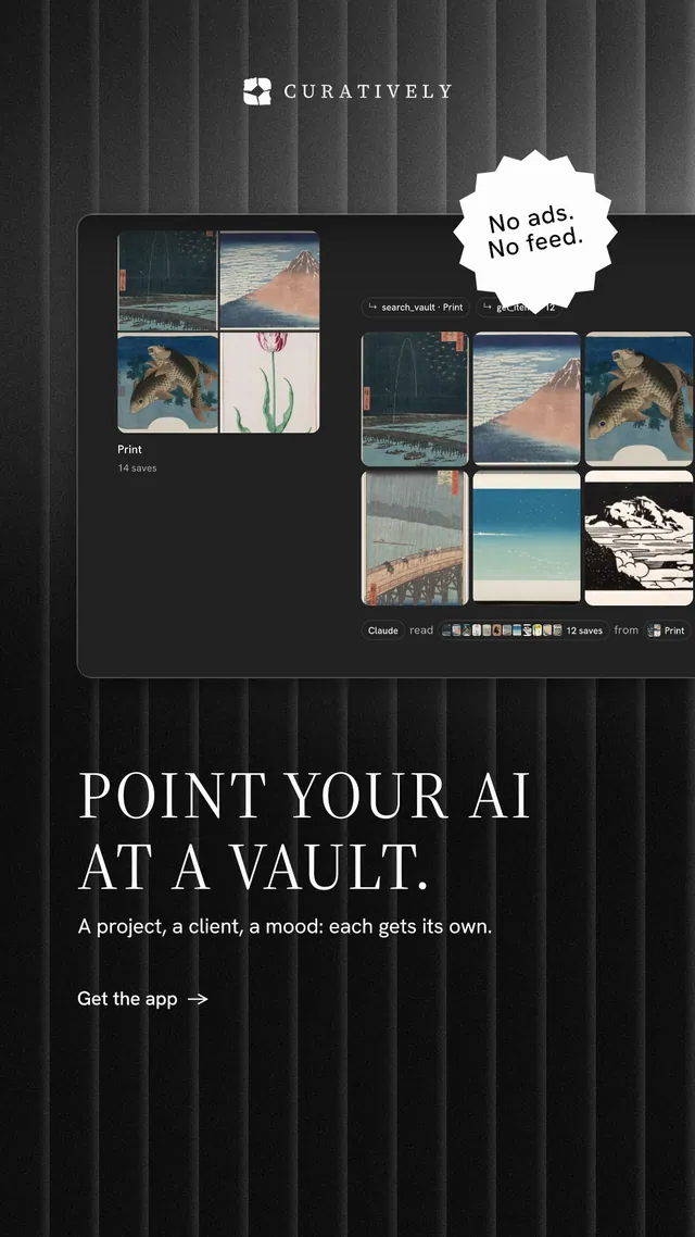 Instagram story for Curatively: "Point your AI at a vault." Minimal luxury style, sticker layout, dark palette in black, grey.