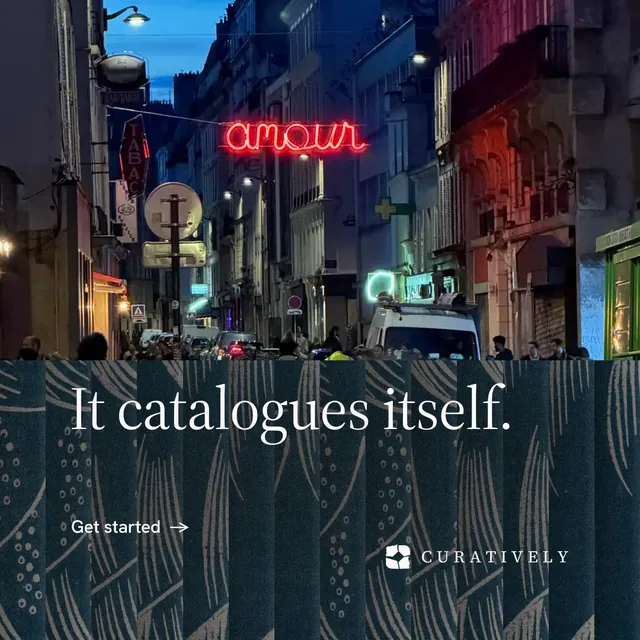Instagram post for Curatively: "It catalogues itself." Minimal luxury style, bottom layout, dark palette in blue, black, grey.