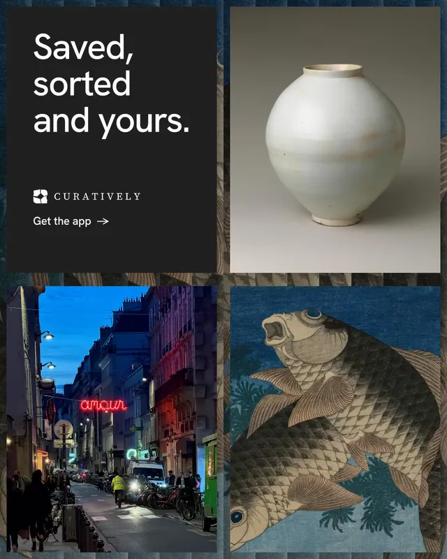 Instagram portrait post for Curatively: "Saved, sorted and yours." Minimal luxury style, collage layout, dark palette in grey, black, blue.
