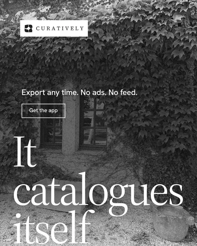 Instagram portrait post for Curatively: "Keep a vault for each thing you make." Editorial style, oversized layout, dark palette in grey, black.