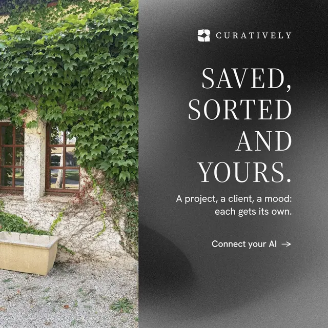Instagram post for Curatively: "Saved, sorted and yours." Minimal luxury style, right layout, dark palette in grey, black.