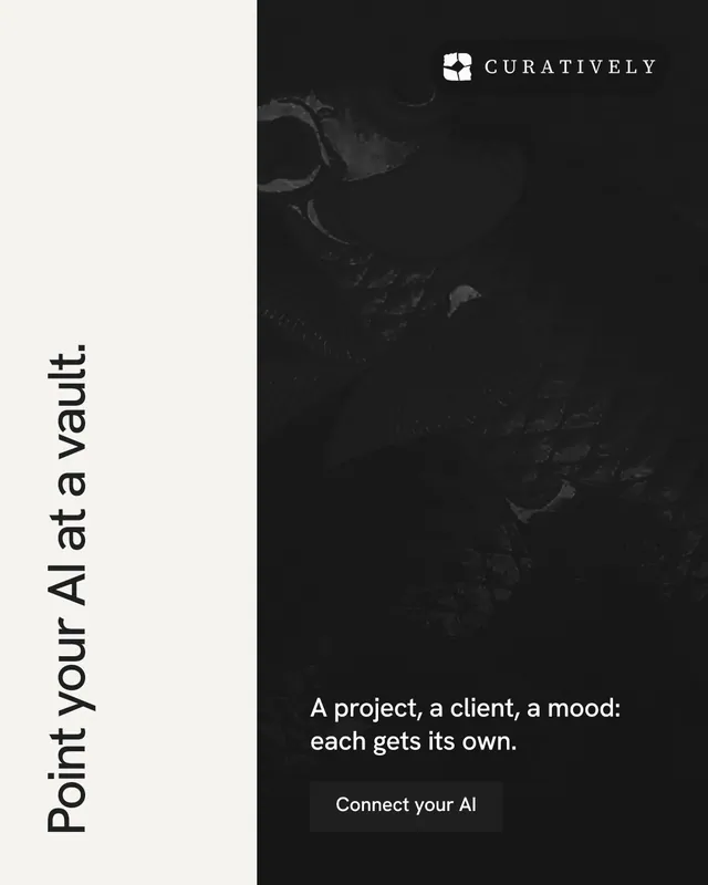 Instagram portrait post for Curatively: "Point your AI at a vault." Swiss style, vertical layout, dark palette in black, white.