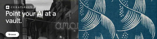 LinkedIn banner for Curatively: "Point your AI at a vault." Photo poster style, bottom layout, dark palette in blue, black, grey.