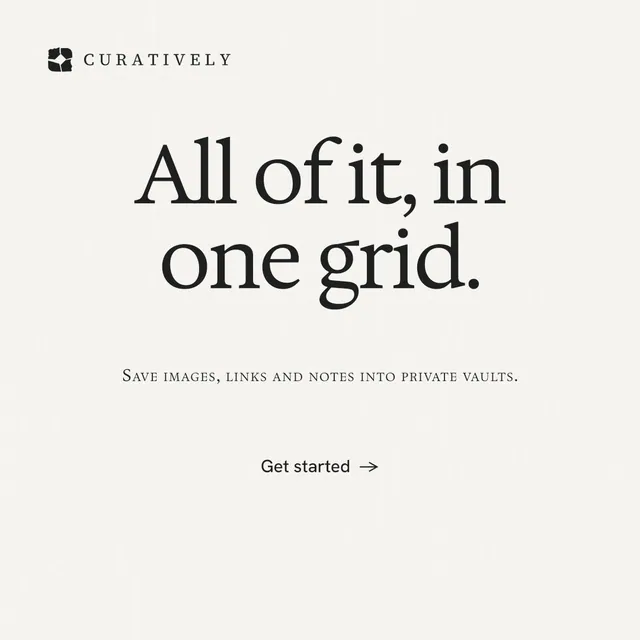 Instagram post for Curatively: "All of it, in one grid." Swiss style, smallcaps layout, light palette in white, grey.