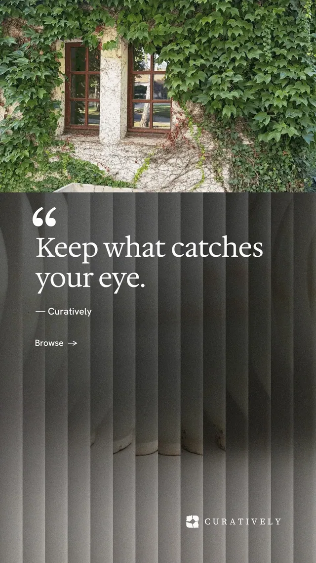 Instagram story for Curatively: "Keep what catches your eye." Minimal luxury style, quote layout, dark palette in grey, black.