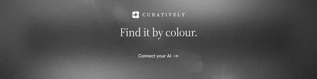 LinkedIn banner for Curatively: "Find it by colour." Minimal luxury style, centred layout, dark palette in grey, black.