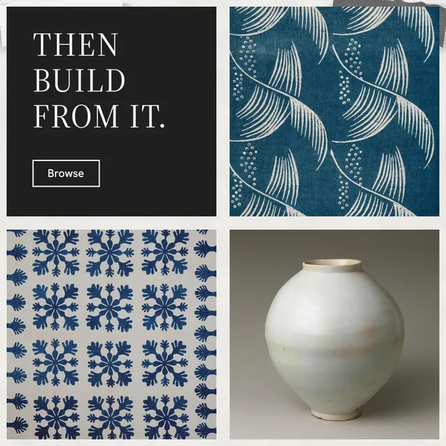 Instagram post for Curatively: "Then build from it." Editorial style, collage layout, light palette in grey, black, white.