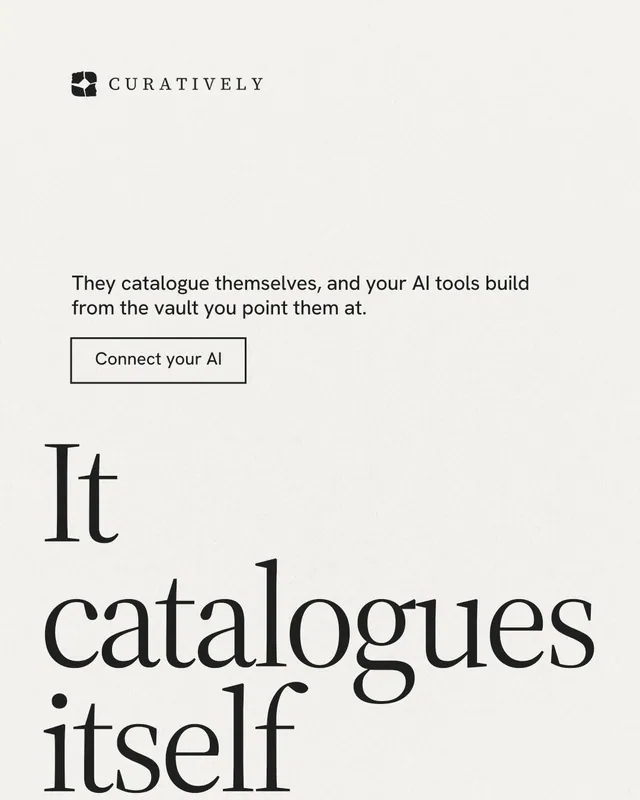 Instagram portrait post for Curatively: "Saved, sorted and yours." Editorial style, oversized layout, light palette in white, grey.