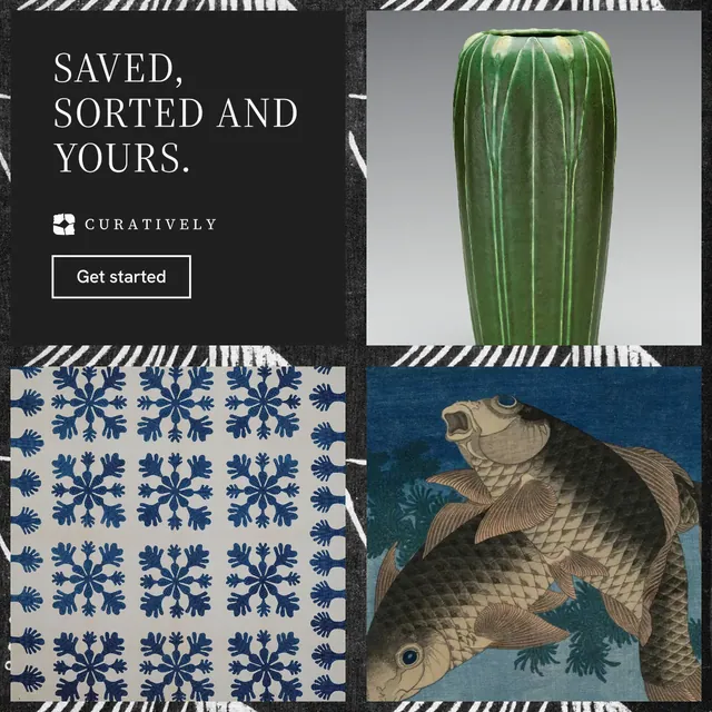 Instagram post for Curatively: "Saved, sorted and yours." Editorial style, collage layout, dark palette in black, grey.