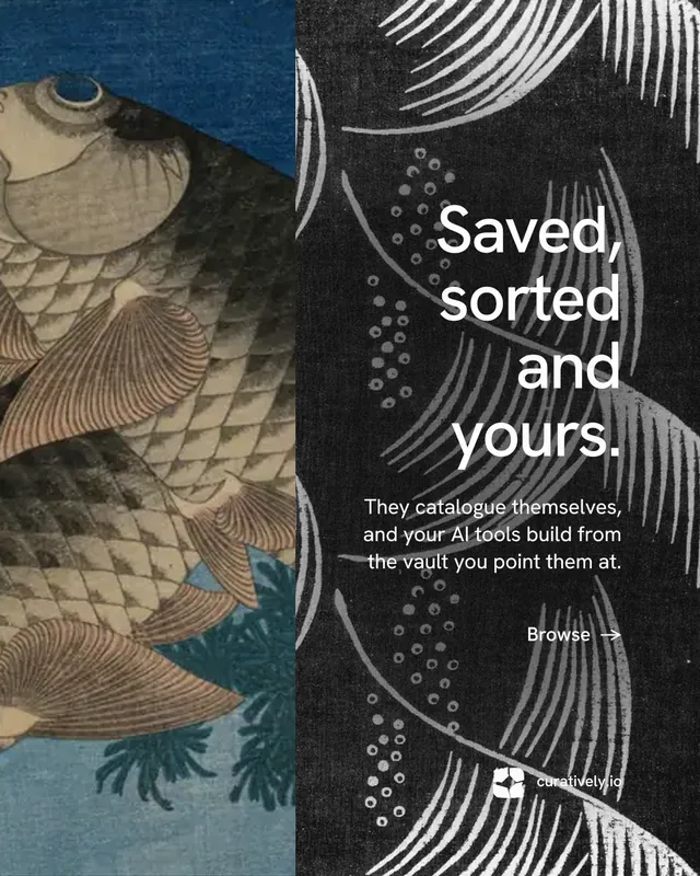 Instagram portrait post for Curatively: "Saved, sorted and yours." Minimal luxury style, right layout, dark palette in black, grey, blue.