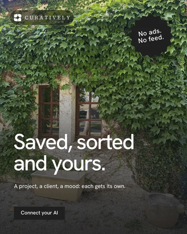 Instagram portrait post for Curatively: "Saved, sorted and yours." Swiss style, sticker layout, dark palette in black, grey.