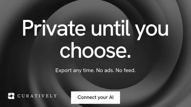 Landscape graphic for Curatively: "Private until you choose." Swiss style, centred layout, dark palette in black, grey.