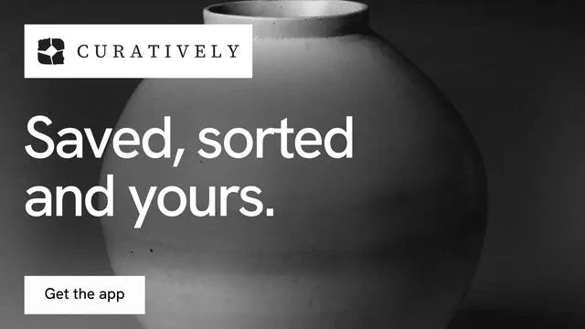 Landscape graphic for Curatively: "Saved, sorted and yours." Swiss style, announce layout, dark palette in grey, black.