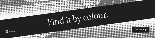LinkedIn banner for Curatively: "Find it by colour." Split block style, diagonal layout, dark palette in black, grey, white.