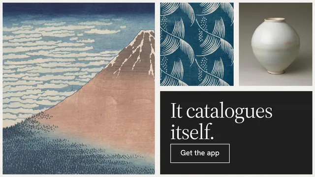 Landscape graphic for Curatively: "It catalogues itself." Editorial style, collage layout, light palette in grey, black, white.