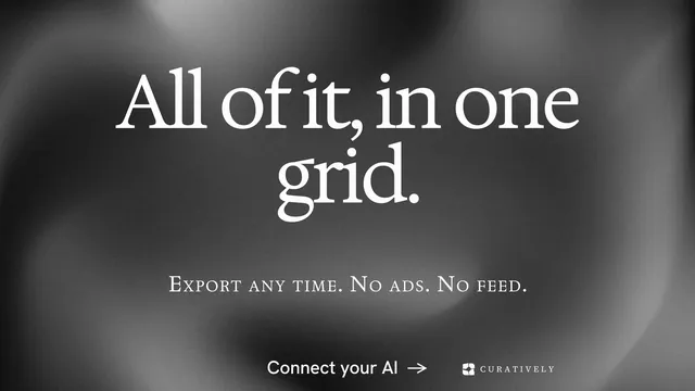 Landscape graphic for Curatively: "All of it, in one grid." Swiss style, smallcaps layout, dark palette in grey, black.