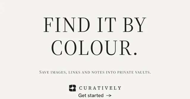 Social ad for Curatively: "Find it by colour." Minimal luxury style, smallcaps layout, light palette in white, grey.