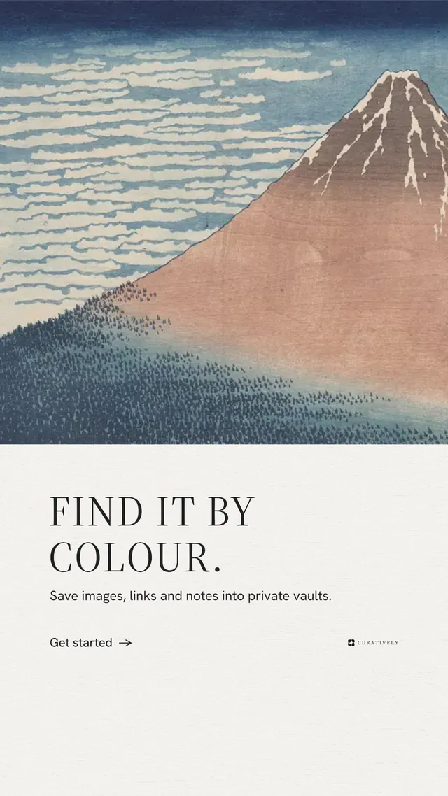 Instagram story for Curatively: "Find it by colour." Minimal luxury style, bottom layout, light palette in white, grey.