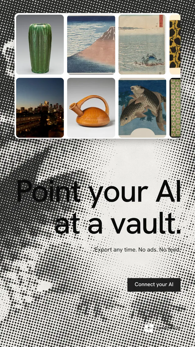 Instagram story for Curatively: "Point your AI at a vault." Swiss style, right layout, light palette in grey, white.