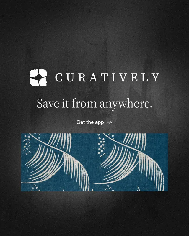 Instagram portrait post for Curatively: "Save it from anywhere." Minimal luxury style, logo hero layout, dark palette in black, blue, grey.