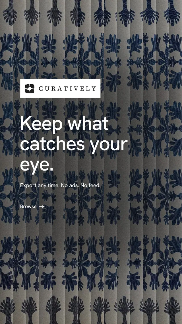 Instagram story for Curatively: "Keep what catches your eye." Minimal luxury style, announce layout, dark palette in black, blue, grey.