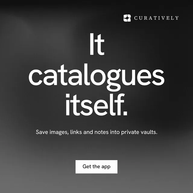 Instagram post for Curatively: "It catalogues itself." Swiss style, centred layout, dark palette in black, grey.