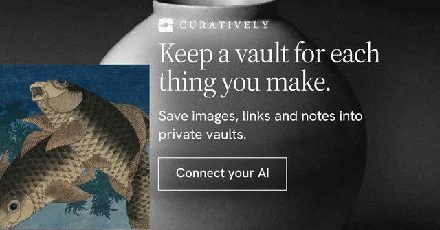 Social ad for Curatively: "Keep a vault for each thing you make." Editorial style, skeleton layout, dark palette in black, grey.