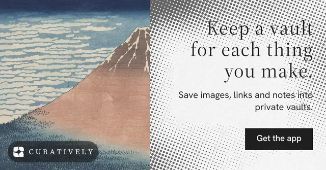Social ad for Curatively: "Keep a vault for each thing you make." Split block style, right layout, light palette in grey, white.