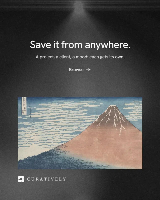 Instagram portrait post for Curatively: "Save it from anywhere." Minimal luxury style, centred layout, dark palette in black, grey.