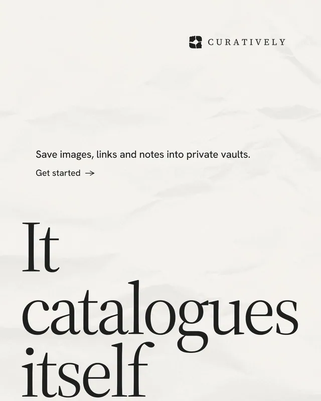 Instagram portrait post for Curatively: "Keep a vault for each thing you make." Minimal luxury style, oversized layout, light palette in white, grey.