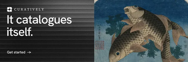 X header for Curatively: "It catalogues itself." Minimal luxury style, bottom layout, dark palette in black, blue, grey.