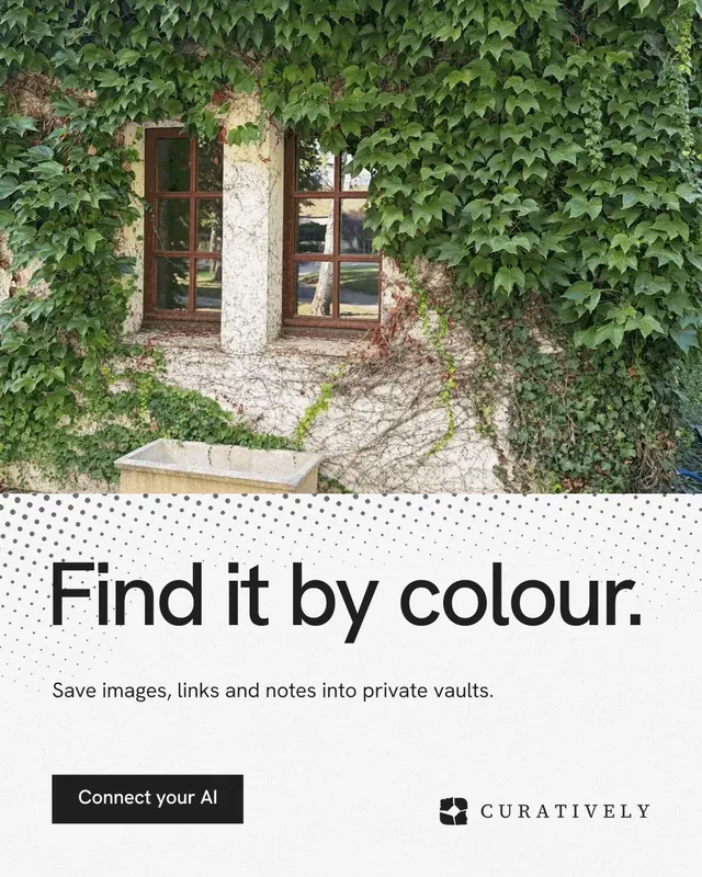 Instagram portrait post for Curatively: "Find it by colour." Swiss style, bottom layout, light palette in green, white, grey.