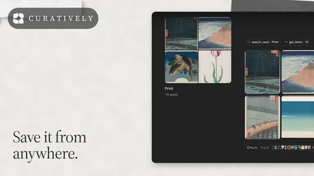 Landscape graphic for Curatively: "Save it from anywhere." Editorial style, image led layout, light palette in white, black, grey.