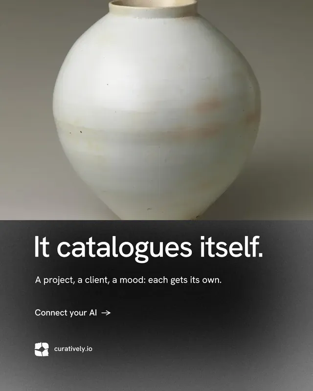 Instagram portrait post for Curatively: "It catalogues itself." Minimal luxury style, bottom layout, dark palette in grey, black, white.