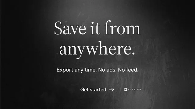Landscape graphic for Curatively: "Save it from anywhere." Minimal luxury style, centred layout, dark palette in black, grey.