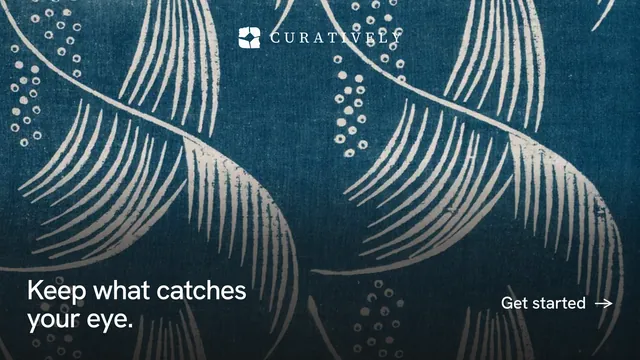 Landscape graphic for Curatively: "Keep what catches your eye." Swiss style, image led layout, dark palette in black, blue, grey.