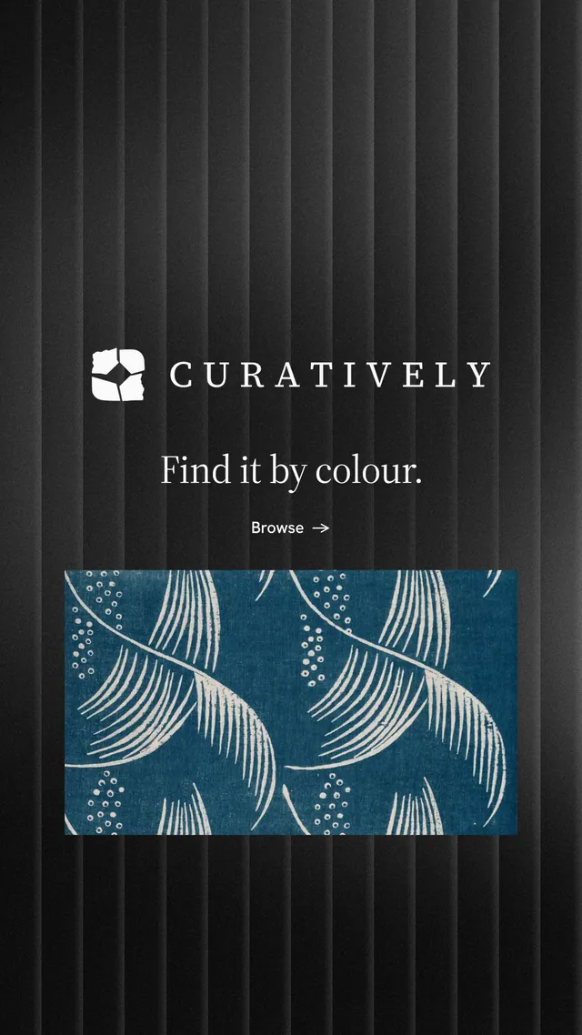 Instagram story for Curatively: "Find it by colour." Minimal luxury style, logo hero layout, dark palette in black, blue, grey.
