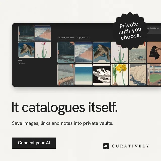 Instagram post for Curatively: "It catalogues itself." Swiss style, sticker layout, light palette in white, black, grey.