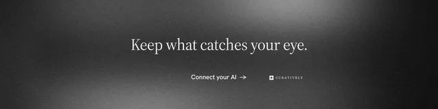 LinkedIn banner for Curatively: "Keep what catches your eye." Minimal luxury style, centred layout, dark palette in black, grey.
