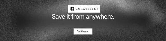 LinkedIn banner for Curatively: "Save it from anywhere." Swiss style, centred layout, dark palette in grey, black.