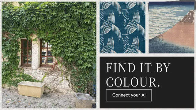 Landscape graphic for Curatively: "Find it by colour." Editorial style, collage layout, light palette in grey, black.
