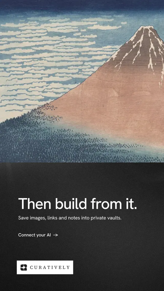 Instagram story for Curatively: "Then build from it." Minimal luxury style, bottom layout, dark palette in grey, black.