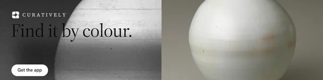 LinkedIn banner for Curatively: "Find it by colour." Photo poster style, bottom layout, light palette in grey, white.