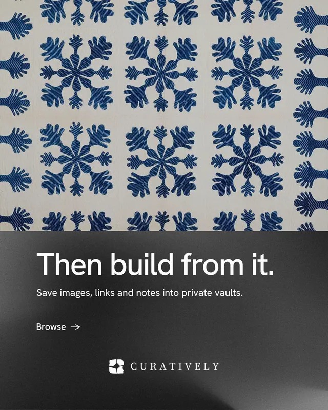 Instagram portrait post for Curatively: "Then build from it." Minimal luxury style, bottom layout, dark palette in grey, black, blue.