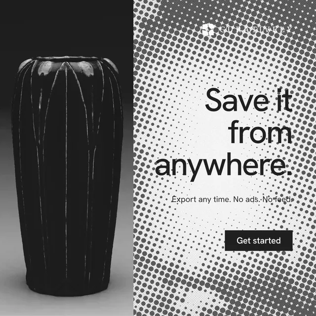 Instagram post for Curatively: "Save it from anywhere." Swiss style, right layout, light palette in black, white, grey.